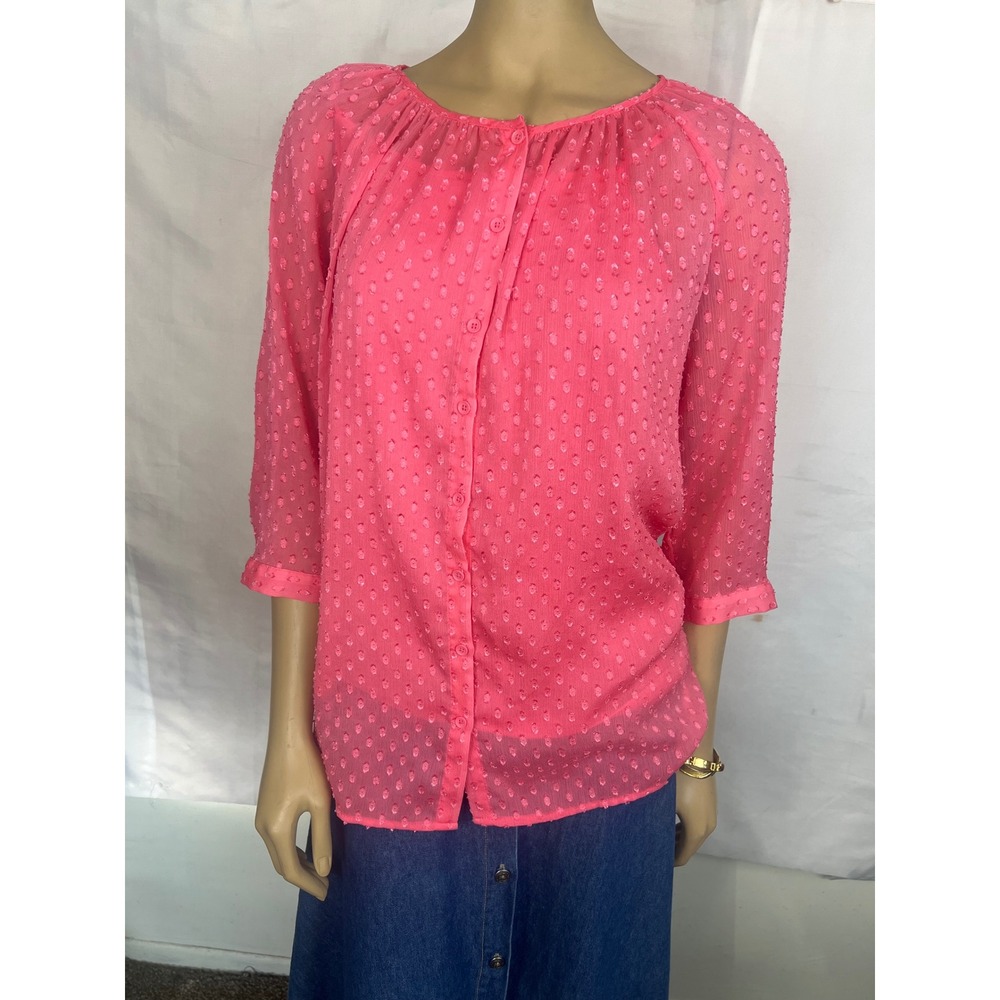 Pink polka-Dot Button Front Blouse 3/4 Sleeve Textured Scoop Neck Top Plus OX